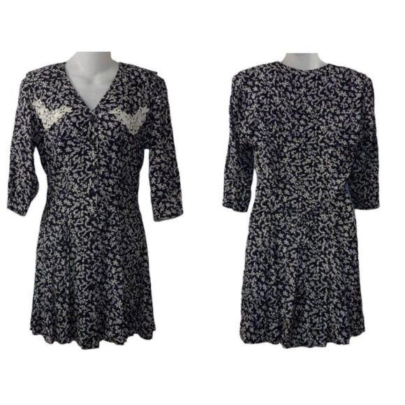 Vintage 80's Womens Paris Sport Club Skater Dress Black & White Ditsy Floral - Picture 1 of 12